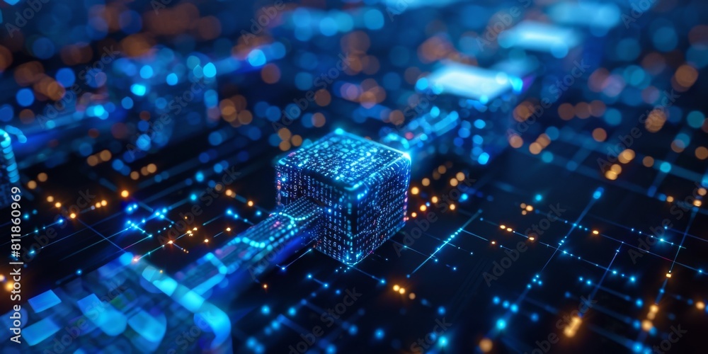 Fototapeta premium An expansive network of interconnected nodes and lines representing cryptographic blockchain technology, illuminated with vibrant points of light.