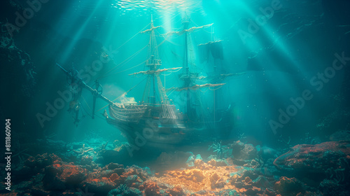 A captivating scene of a sunken galleon ship bathed in sunlight on the ocean's floor