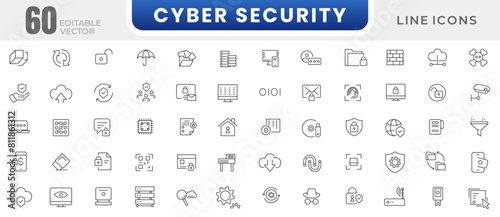 Cyber security line icons set. Protection, Digital Security, Business Data Protection, Technology, Cyber Security icon pack. Security systems, cyber security thin outline icon collection.