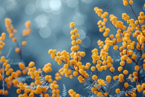 Close-up of blooming mimosa flowers with a beautiful bokeh background, illustrating springtime freshness