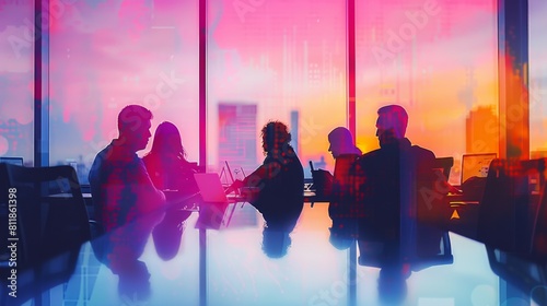 A group of professionals are silhouetted against the vibrant colors of a city at dusk, seen through the glass walls of a modern office. photo