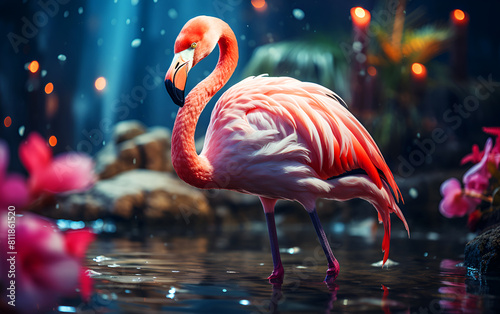 Pink flamingo in river stream is animal wildlife in the forest jungle
