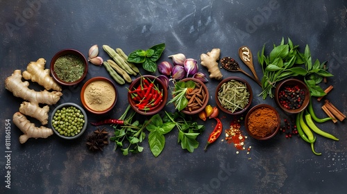 Fototapeta Naklejka Na Ścianę i Meble -  Artful Arrangement of Thai Herbs and Spices for Flavorful Culinary Creations