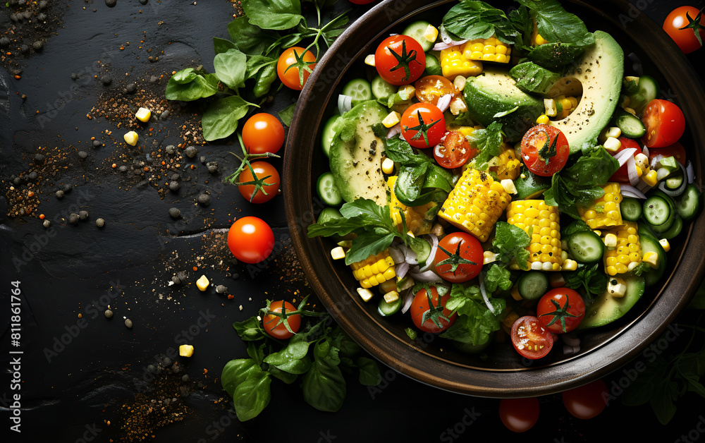 Spring vegan salad with spinach, cherry tomatoes, corn salad, baby spinach, cucumber and red onion. Healthy food concept. Flat lay and top view Spring vegan salad with spinach, cherry tomatoes, corn salad, baby spinach, cucumber and red onion. Healthy food concept. Flat lay and top view