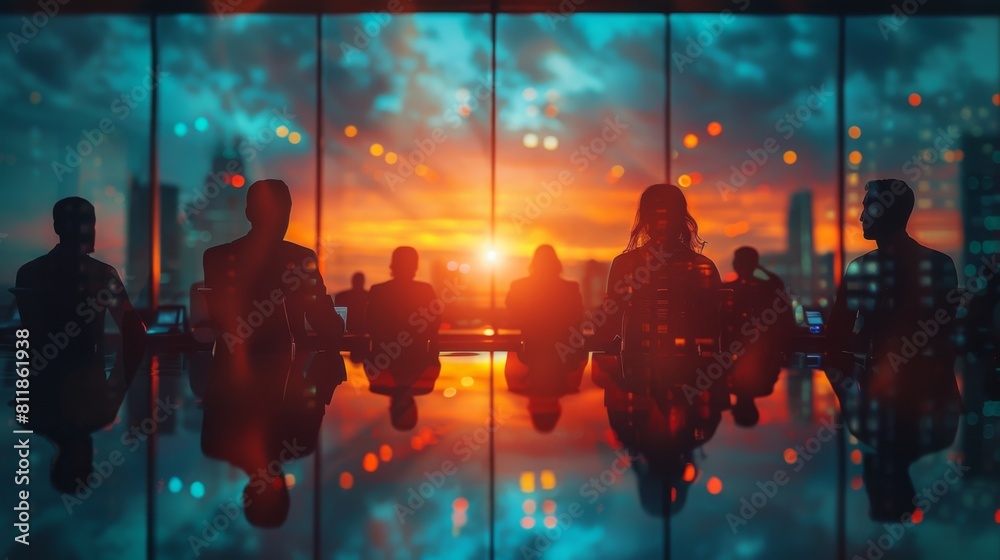 Silhouettes of coworkers against the backdrop of a warm, glowing sunset viewed through the glass walls of a contemporary office space. Silhouettes of coworkers against the backdrop of a warm, glowing sunset viewed through the glass walls of a contemporary office space.