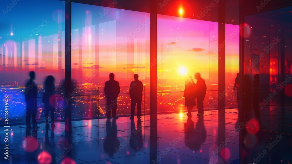 Obraz premium Silhouettes of coworkers against the backdrop of a warm, glowing sunset viewed through the glass walls of a contemporary office space.