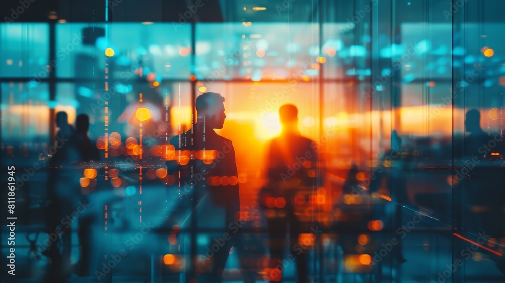 Obraz premium Silhouettes of coworkers against the backdrop of a warm, glowing sunset viewed through the glass walls of a contemporary office space.