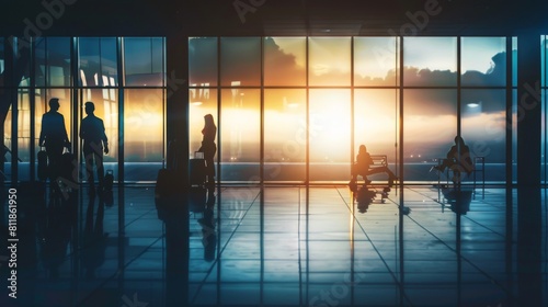 Silhouettes of coworkers against the backdrop of a warm  glowing sunset viewed through the glass walls of a contemporary office space.