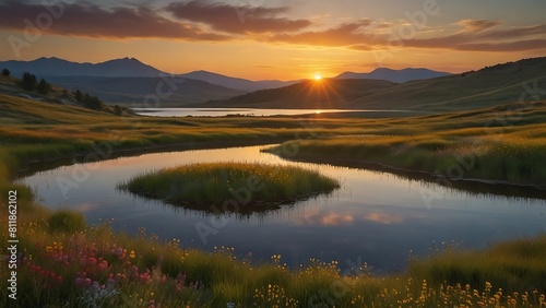 Sunset over a Mountain Lake with Wildflowers and Reflections