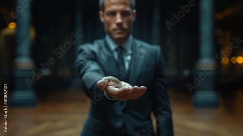 A sharply dressed young man extends his open right hand as if showcasing or offering something, set against a softly blurred background. © photolas