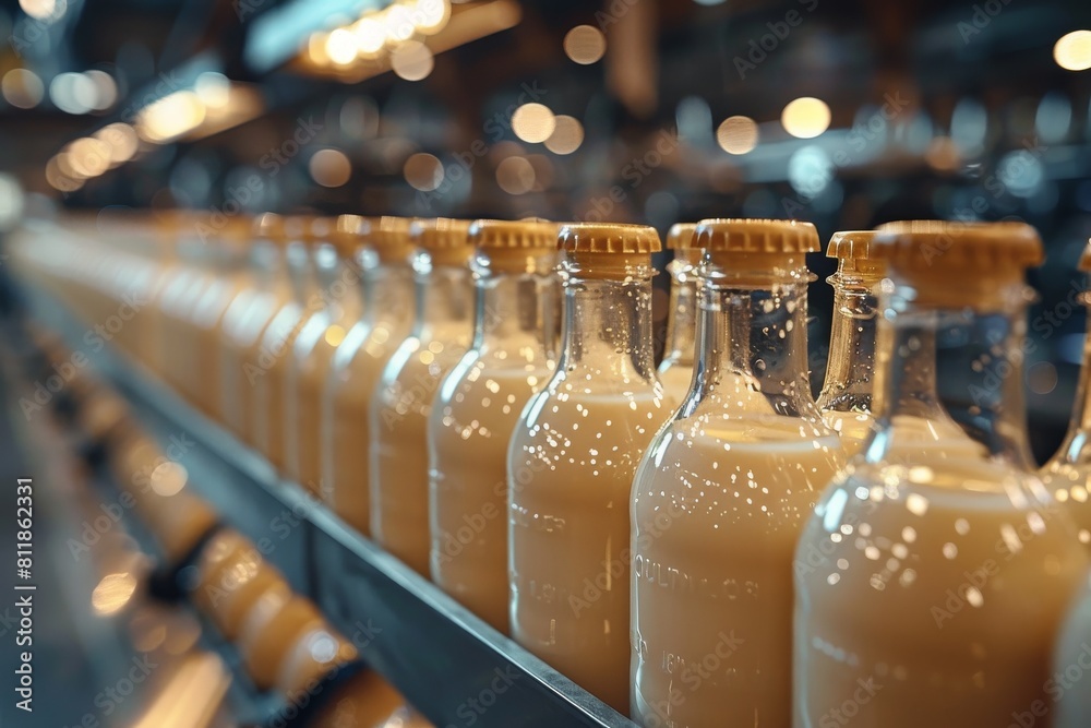 A collection of coffee-flavored milk in transparent glass bottles on a production line with a warm color tone