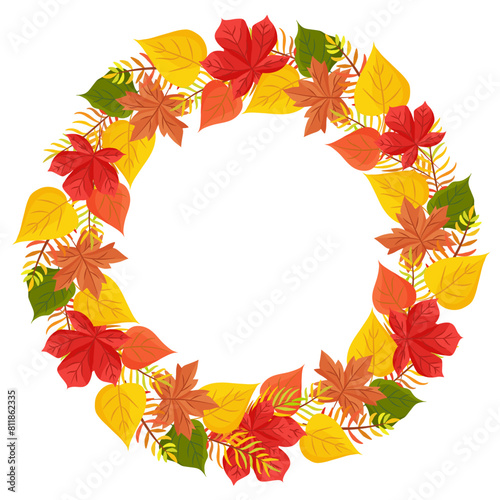 wreath from colorful autumn leaves. Vector illustration. Thanksgiving greeting card template. Eps 10