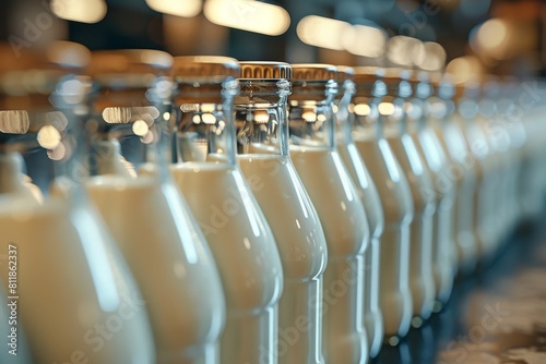 A line of glass milk bottles filled with fresh milk, captured in a warm and inviting industrial setting photo