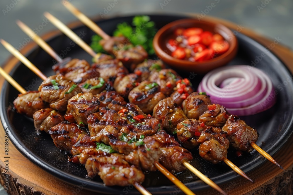Flavorful meat skewers on skewers accompanied by herbs, onion, and chili sauce Flavorful meat skewers on skewers accompanied by herbs, onion, and chili sauce
