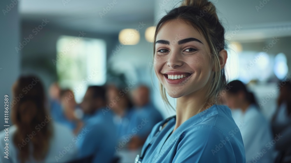 Portrait of a young nurse smiling and looking at the camera Portrait of a young nurse smiling and looking at the camera