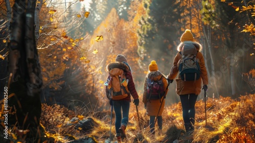 A multigenerational family trekking through the forest  marveling at the vibrant foliage