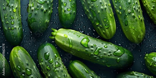 A group of green cucumbers with water droplets on them.