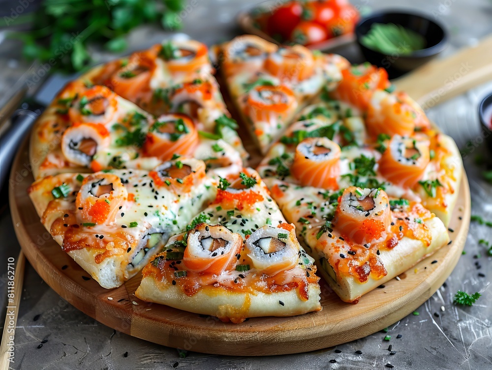 A pizza with salmon and tomatoes on a wooden board. A pizza with salmon and tomatoes on a wooden board.