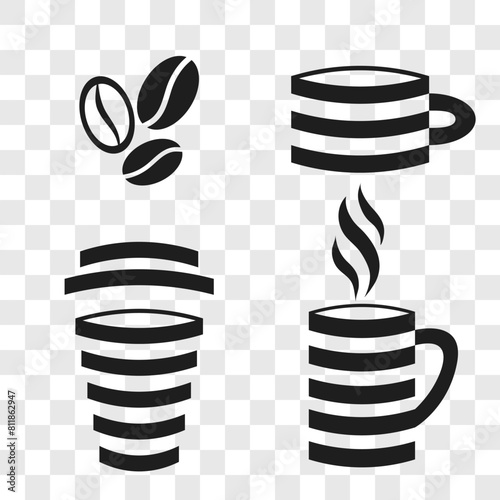 Set of striped coffee or tea cups, coffee glasses, coffee pot for design. Vector illustration. Eps 10