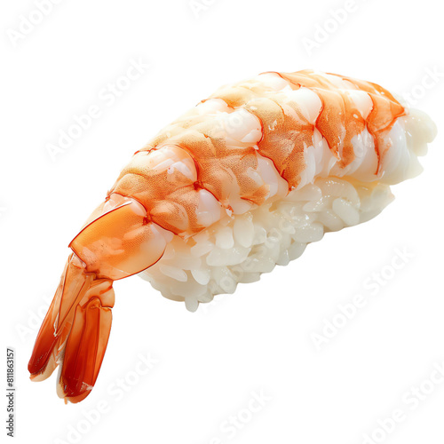 A delicious and fresh piece of sushi with shrimp on top. photo