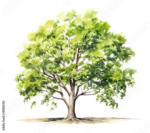 green tree watercolor drawing isolated on white background