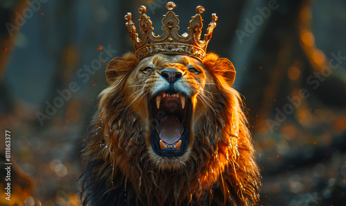 Majestic Roaring Lion Crowned in Golden Light  Symbol of Power and Royalty in a Mystical Forest Setting