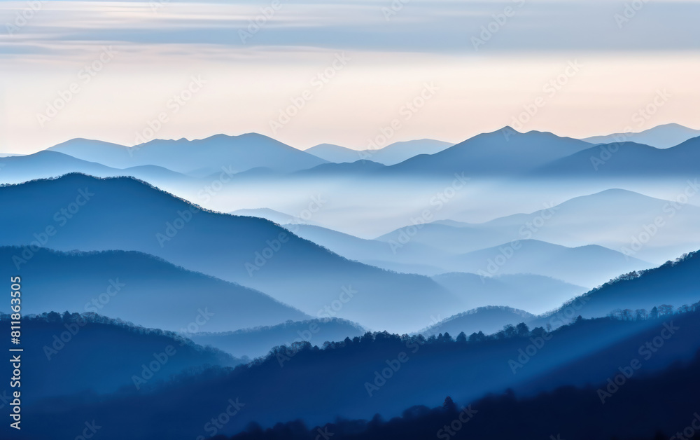 Obraz premium calm landscape natural foggy trees mountains, minimalist style background wallpaper