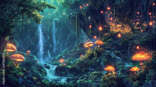 A breathtaking digital painting of a fantasy forest with towering mushrooms aglow with internal light, amidst an ethereal misty landscape. Resplendent. © Summit Art Creations