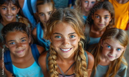 Top View of Smiling Young Students Looking Up - Group of Diverse Kids with Backpacks in School Environment, Daylight