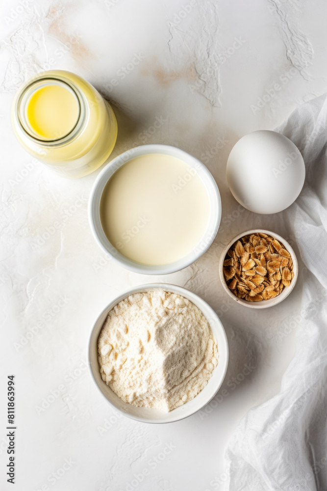 flour, milk and butter, making dough, pancakes, cheesecakes, flat lay flour, milk and butter, making dough, pancakes, cheesecakes, flat lay