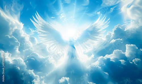 Spiritual Angel Wings in Vibrant Blue Sky with Clouds - Heavenly Radiance, Divine Light, Religious Faith, Hope, Inspiration