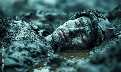 Grim Reality of Conflict: Fallen Soldier Covered in Mud in a Trench, Poignant War Scene Capturing Loss and Desolation photo