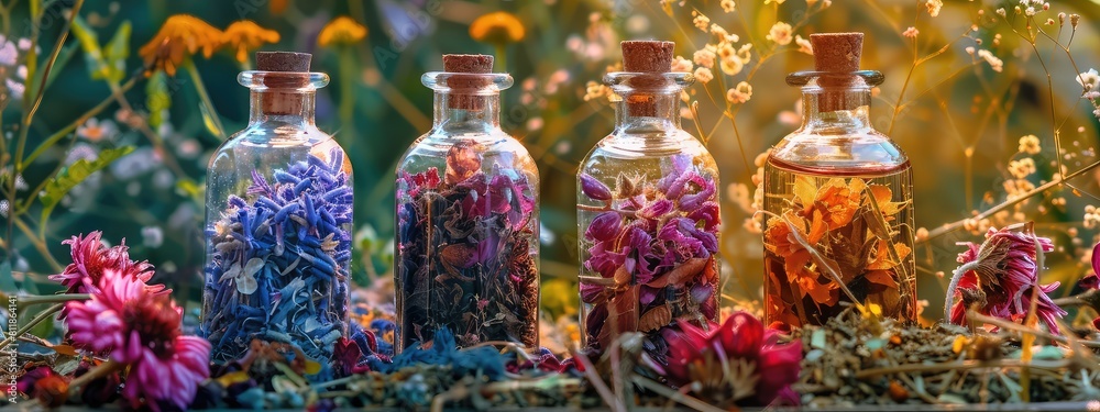 Bottles with herbal tinctures on a background of dried medicinal herbs. Selective focus. Bottles with herbal tinctures on a background of dried medicinal herbs. Selective focus.