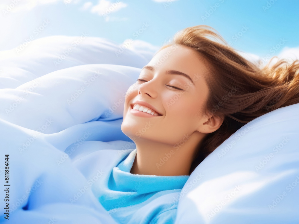 woman sleeps in bed as if on a cloud, has good dreams, healthy sleep, comfortable bed, soft