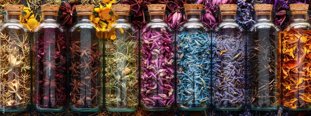 Bottles with herbal tinctures on a background of dried medicinal herbs. Selective focus. Bottles with herbal tinctures on a background of dried medicinal herbs. Selective focus.