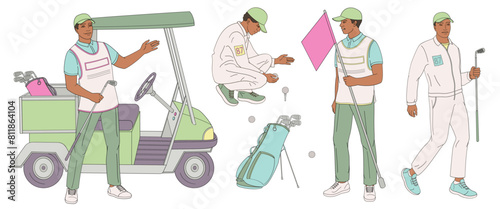 smiling golf club staff part 3 African American male caddie, golf cart, caddy man with flag, golf ball, clubs, golf bag
