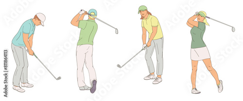 golf players male and female characters with clubs 