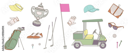 set elements about golf - clubs, shoes, flag, sunglasses, competition cup, gloves, golf bag, ball, clash notebook, golf buggy cart