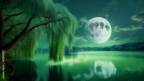 A serene lakeside scene at night, bathed in the ethereal glow of a full moon. A willow tree drapes its branches towards the water, its reflection mirroring the tranquility of the moonlit night.  photo