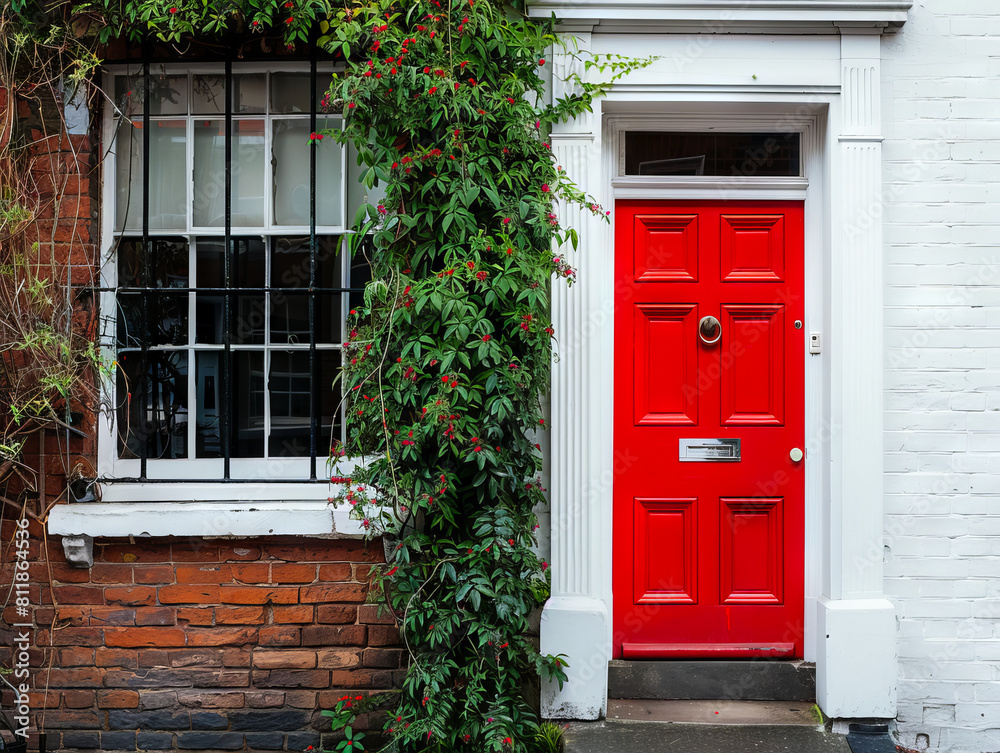 A red door with ivy growing on it.