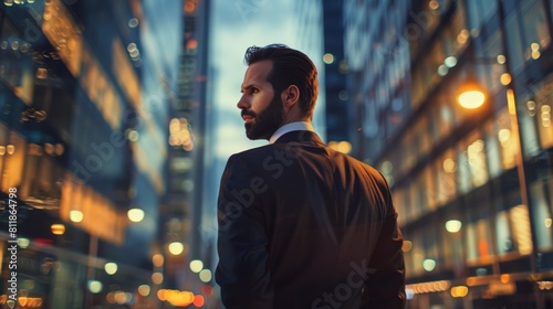Back shot of a businessman in a suit with cityscape blurred in the background
