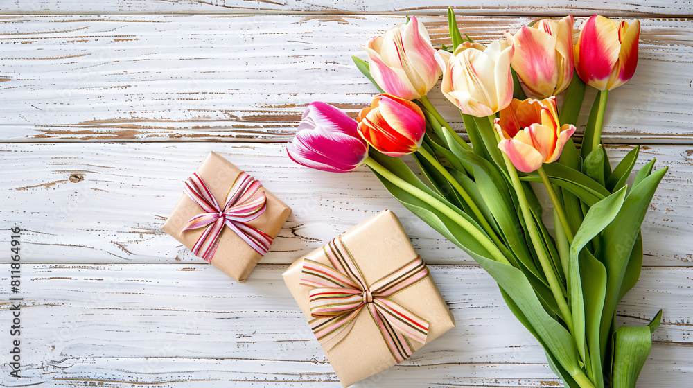 Bouquet of beautiful tulips and gift box on light wood