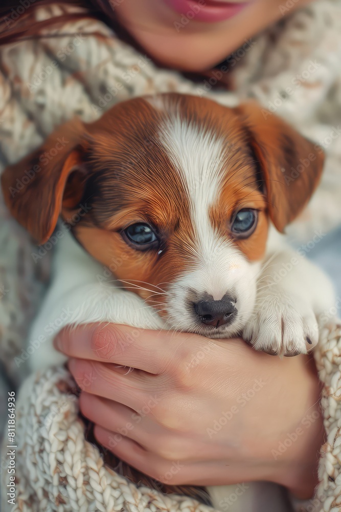 A puppy in the hands of a woman. Selective focus.
