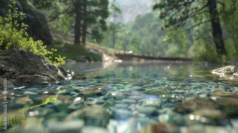 Fototapeta premium The image shows a beautiful mountain stream with crystal clear water flowing over smooth rocks