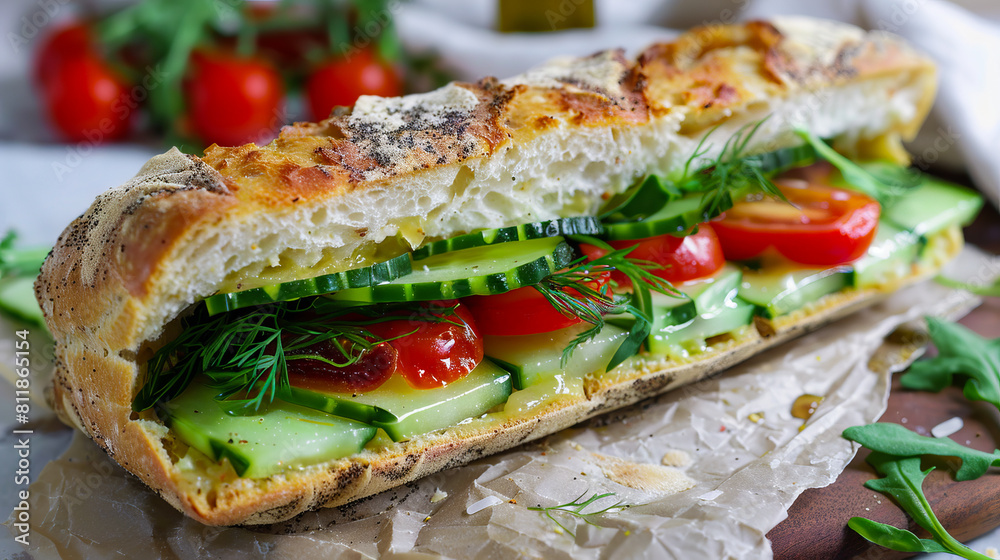 A sandwich with tomatoes, cucumbers and onions. A sandwich with tomatoes, cucumbers and onions.