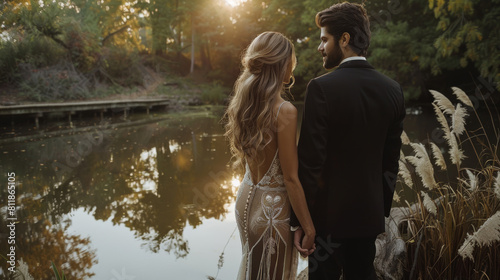 The bride and groom standing at the edge of a serene pond, holding hands, with sunset in the background