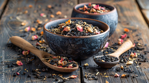 Bowl and scoop with dry fruit tea on wooden background