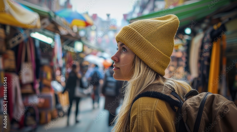 A young woman navigating through a crowded street market in a foreign city
