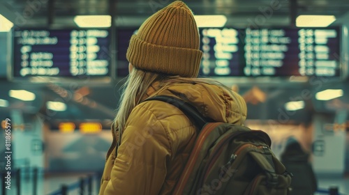 A young woman with a backpack at the airport