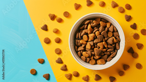 Bowl of dry pet food on color background